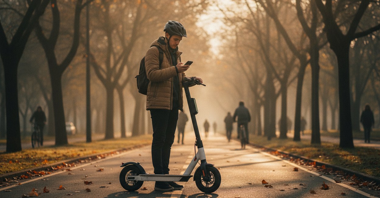 Jovem desbloqueia patinete elétrico compartilhado com o celular em ciclovia de Curitiba