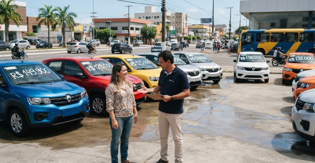 Hatches elétricos à venda no pátio de uma revenda com preço no para-brisa