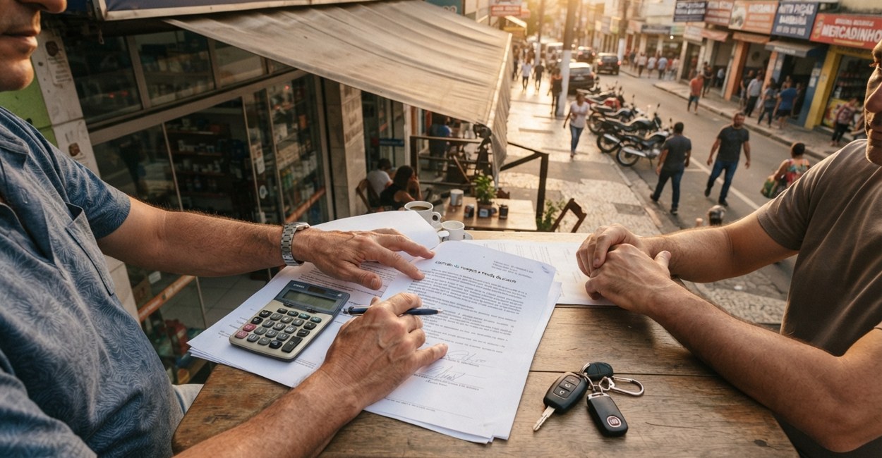 Comprador conferindo o contrato e o valor do sinal antes de fechar a compra do carro