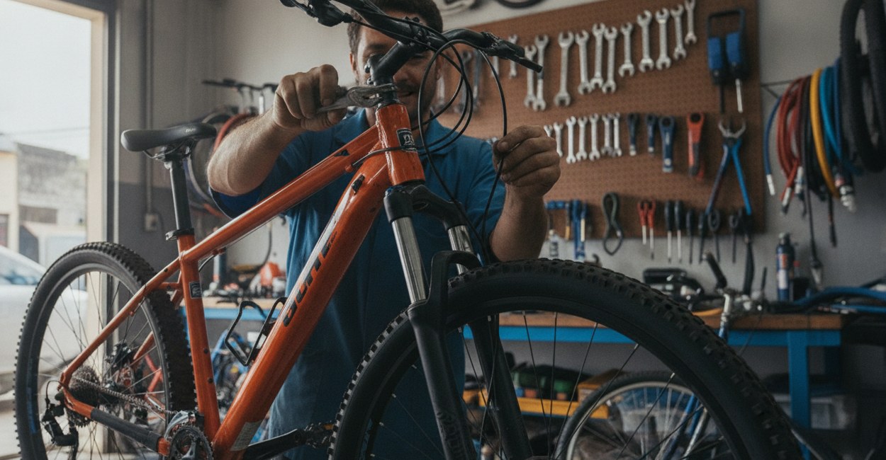 Mecânico ajusta a suspensão de uma mountain bike elétrica em oficina