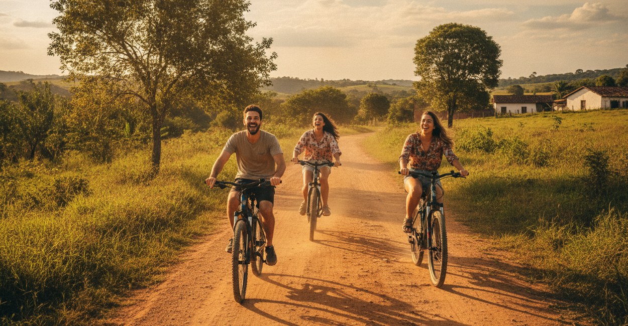 Amigos pedalam bikes elétricas numa estrada de terra no fim de tarde