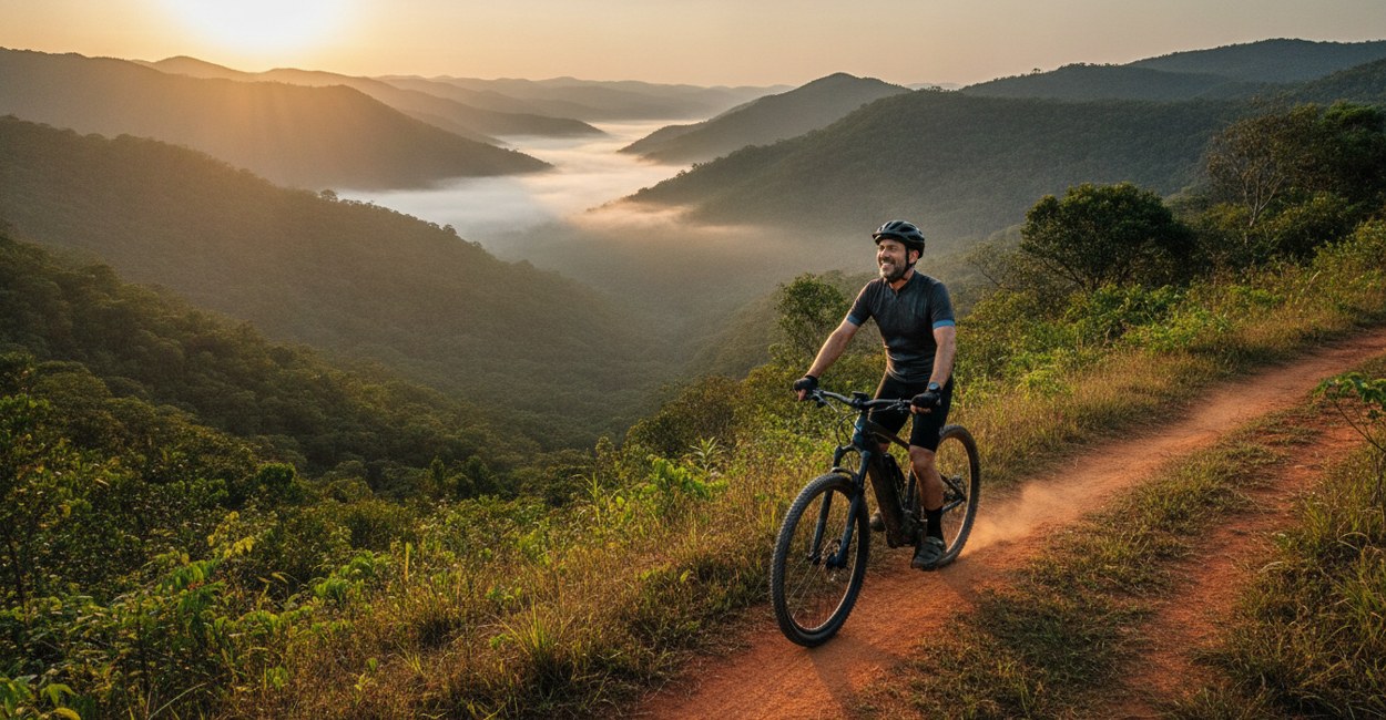 Ciclista no alto da serra com uma mountain bike elétrica, como a bike elétrica que a Honda prepara para 2027