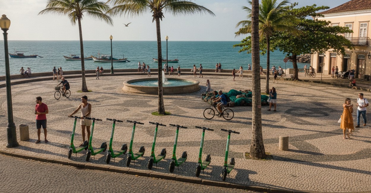 Patinetes elétricos compartilhados estacionados em fila perto de uma praça no litoral
