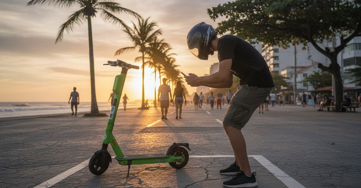 Rapaz de capacete fotografa o patinete elétrico estacionado em local demarcado ao fim da viagem