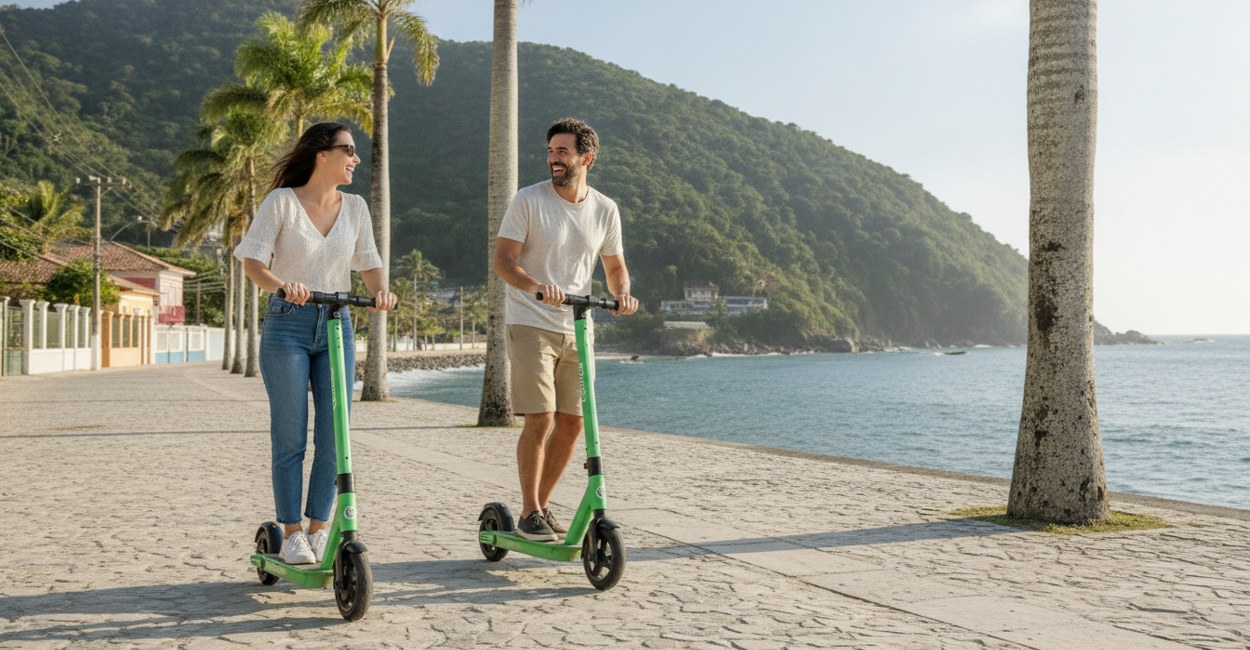 Casal andando de patinete elétrico compartilhado numa rua litorânea de Ilhabela com o mar ao fundo
