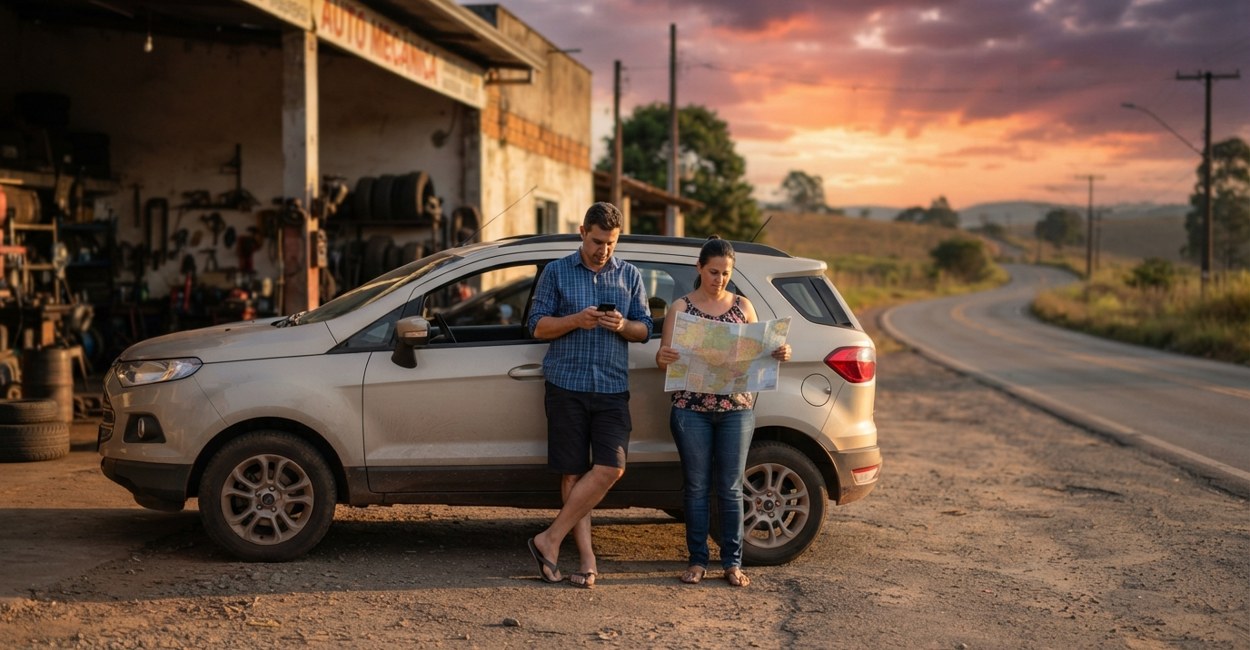 Casal com SUV híbrido parado em posto de estrada ao entardecer