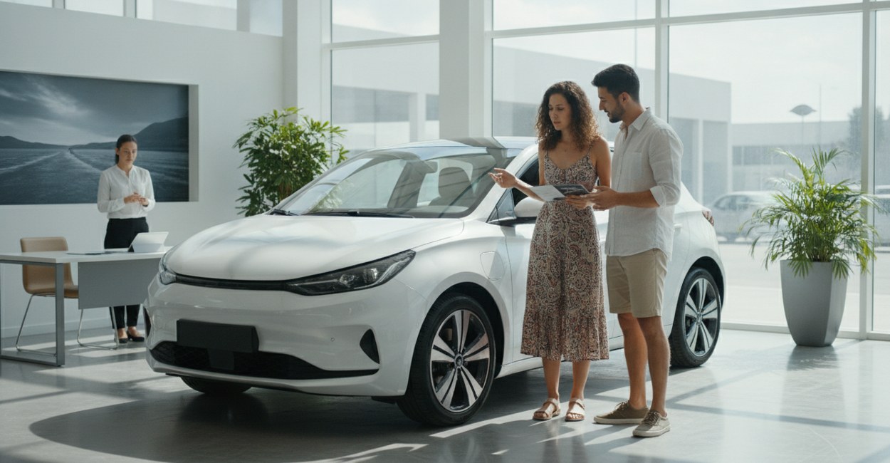 Casal jovem em concessionária olhando um hatch elétrico branco com folheto na mão