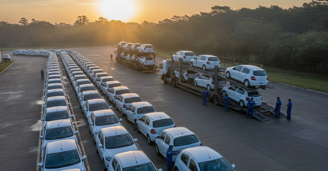 Pátio de fábrica no Paraná ao amanhecer com carros elétricos compactos recém-produzidos e caminhão-cegonha