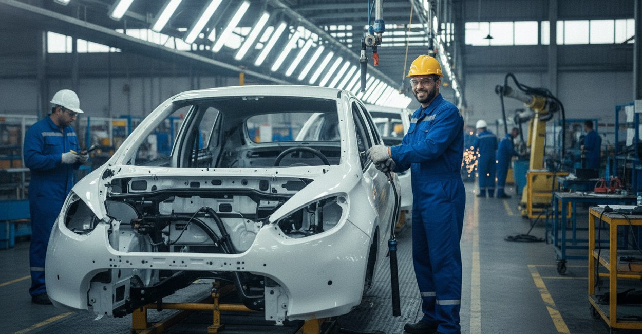 Linha de montagem de carro elétrico da Renault Geely no Paraná com operário de uniforme azul apertando parafuso