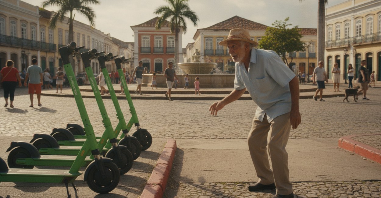 Fileira de patinetes elétricos compartilhados estacionados junto ao meio-fio numa praça de Ribeirão Pires