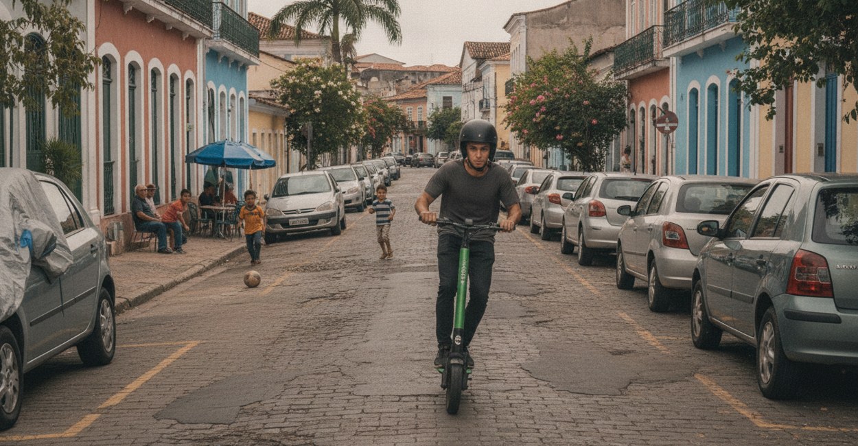 Rapaz de capacete desce devagar de patinete elétrico numa rua estreita sem ciclovia