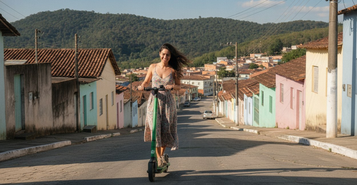 Moça destrava patinete elétrico compartilhado pelo celular numa rua em ladeira de Ribeirão Pires