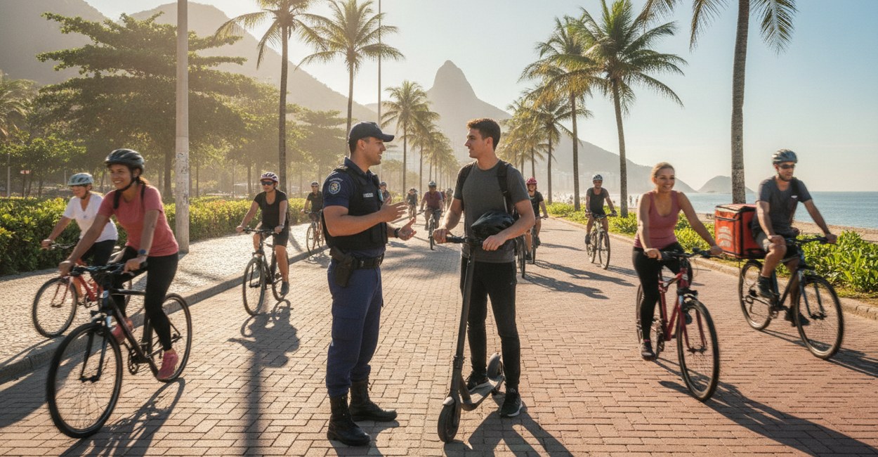 Agente de trânsito orienta condutores de bicicleta elétrica e patinete elétrico numa via compartilhada