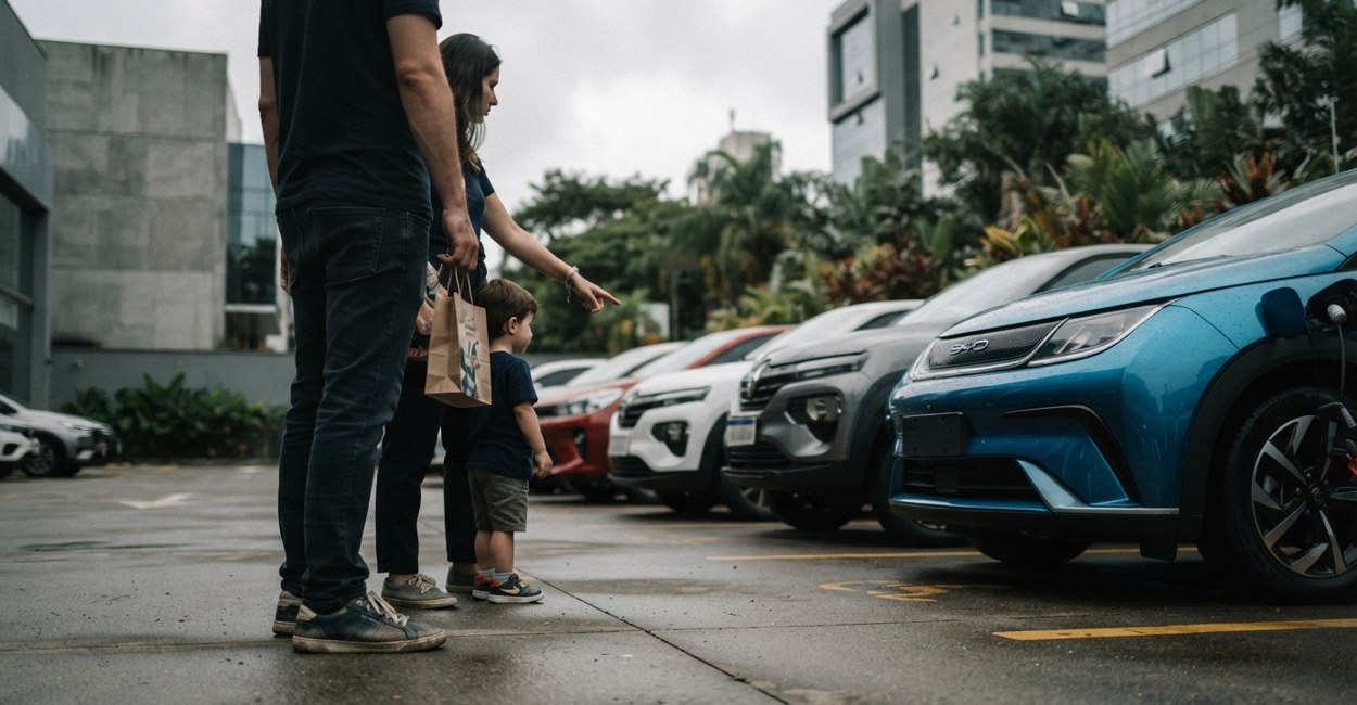 Familia observa carros eletricos coloridos alinhados no patio de uma concessionaria