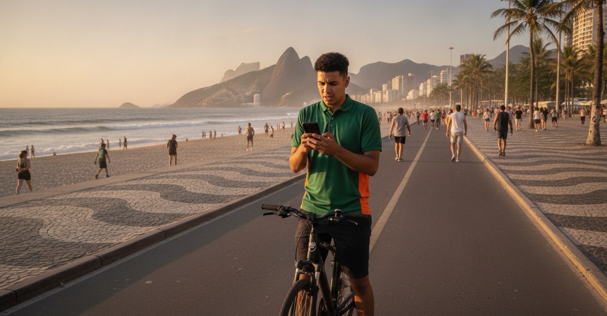 Rapaz olhando o celular ao lado da bicicleta numa ciclovia de orla