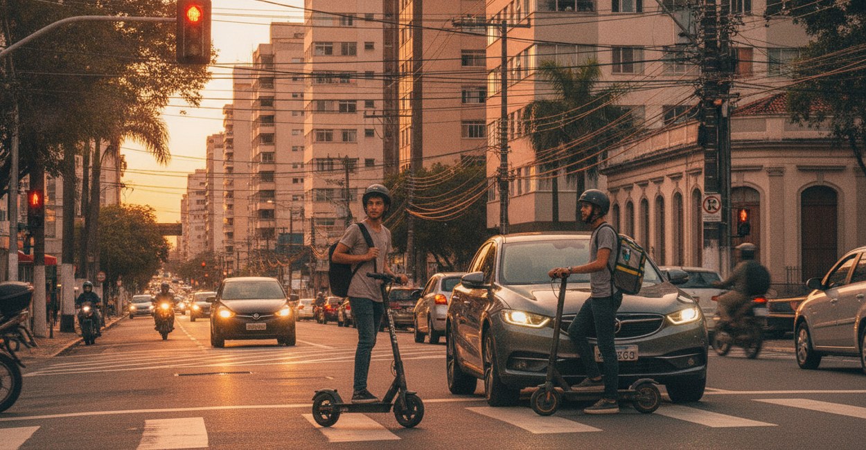 Pessoas de capacete rodando de patinete elétrico numa rua de capital brasileira no fim da tarde