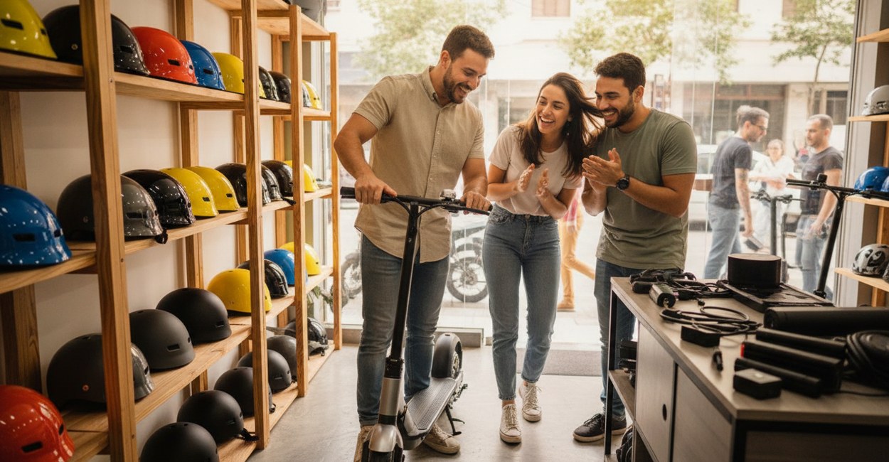 Vendedor mostra guidão e campainha de patinete elétrico para um casal em loja de mobilidade