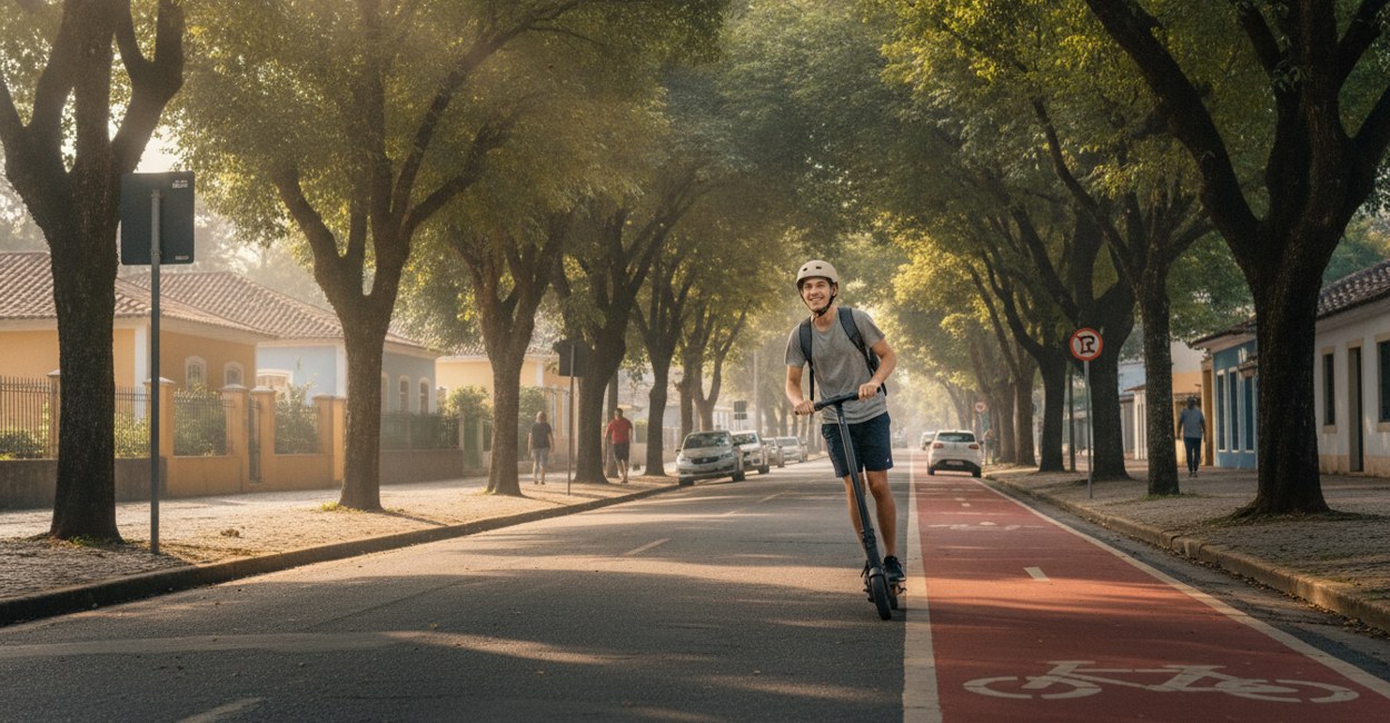 Patinete elétrico em ciclofaixa de bairro e as regras que separam autopropelido de ciclomotor