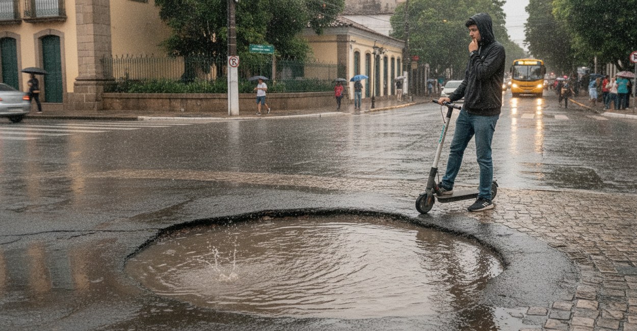 Condutor para o patinete elétrico antes de uma poça funda na esquina e avalia se passa