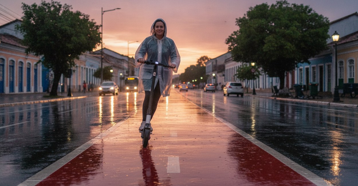 Mulher de capa de chuva conduz patinete elétrico devagar em ciclofaixa molhada, cena de quem quer saber se patinete elétrico pode andar na chuva