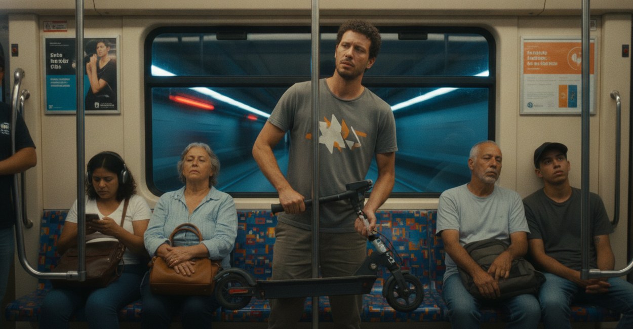 Homem sentado no último carro do metrô segurando o patinete elétrico dobrado entre os joelhos