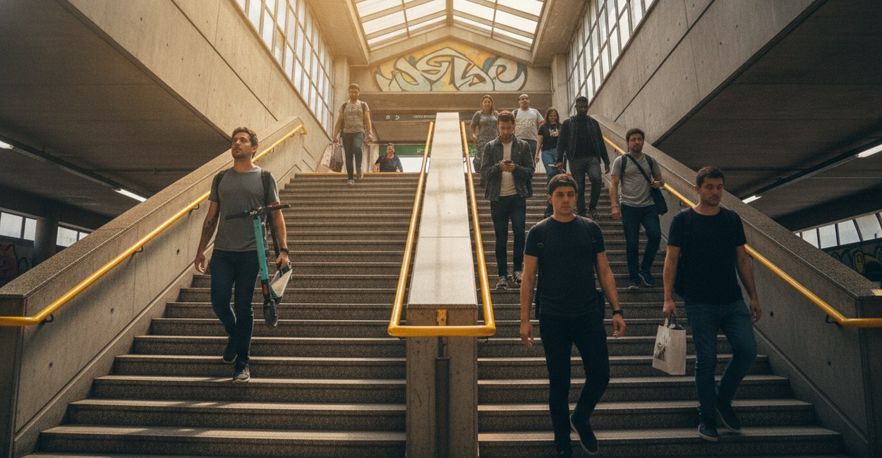 Pessoa subindo escada fixa da estação com patinete elétrico dobrado pelo lado direito