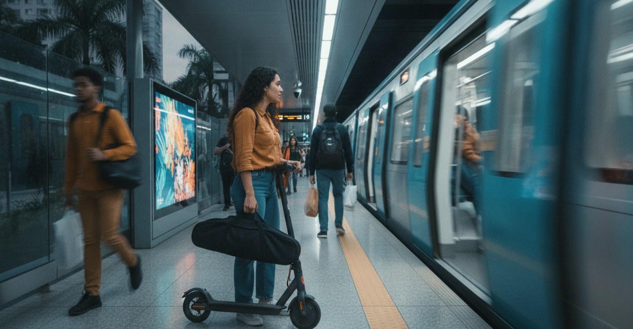 Mulher com patinete elétrico dobrado em capa na plataforma do metrô esperando o trem