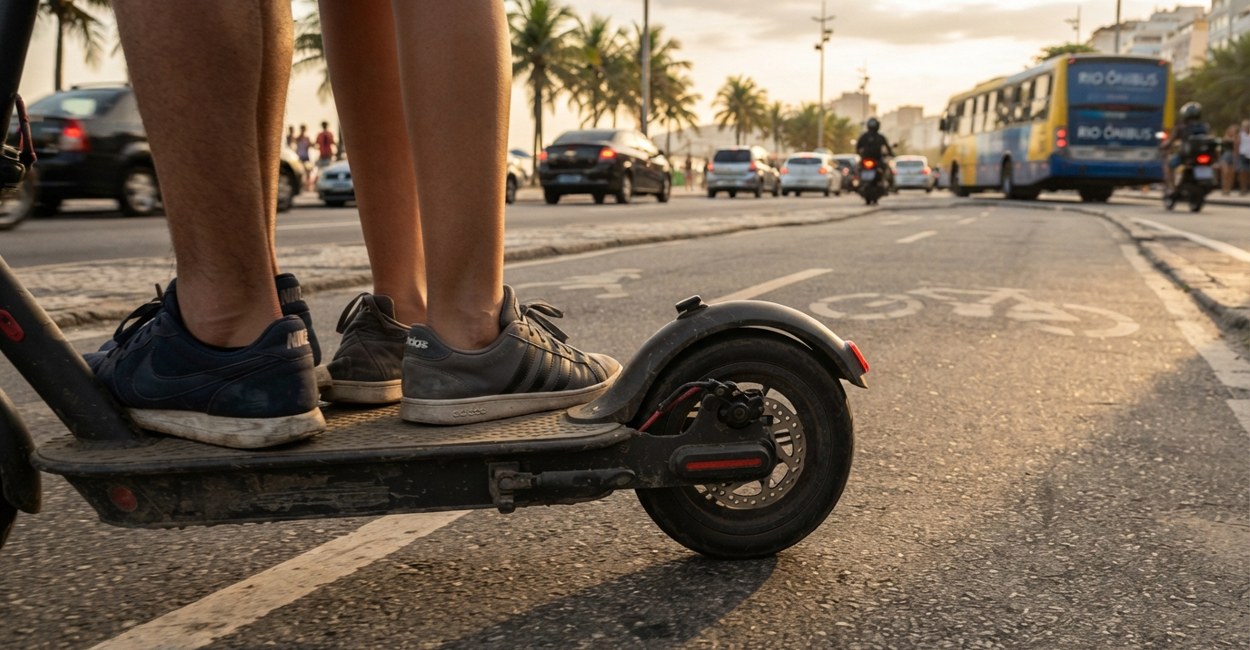 Dois pares de pés apertados no deck de um patinete elétrico