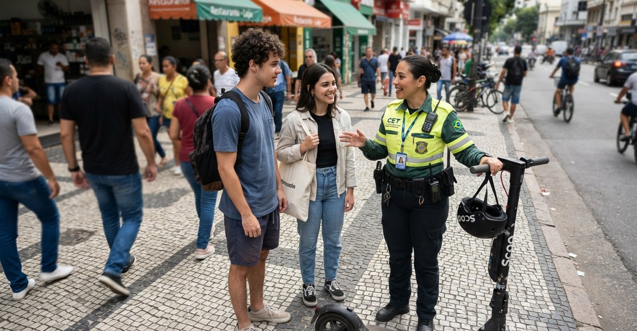 Agente de trânsito orientando casal que andava em dupla num patinete elétrico