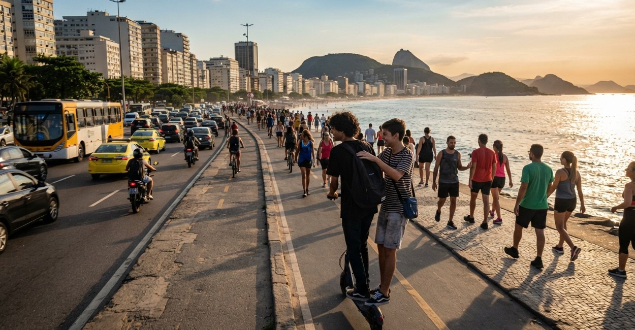 Dois jovens equilibrados no mesmo patinete elétrico numa ciclovia de orla