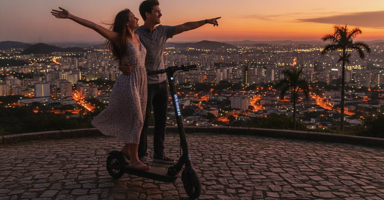 Patinete elétrico parado no topo da ladeira ao anoitecer com painel de bateria baixa e cidade ao fundo