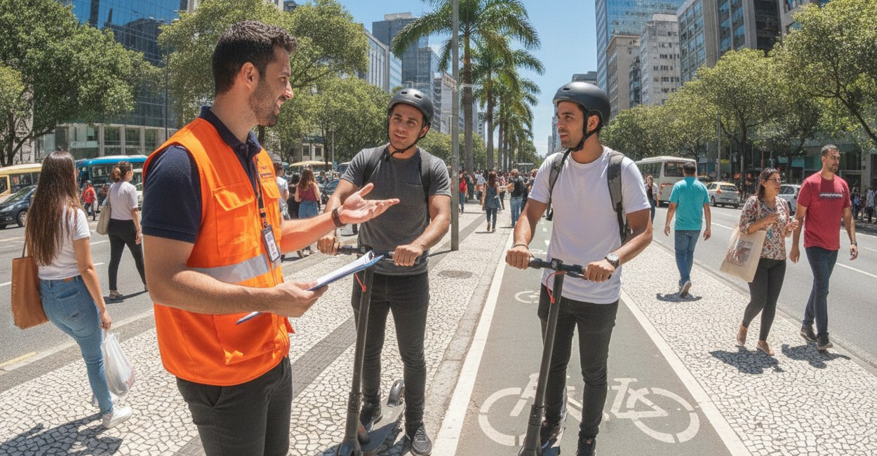 Agente de mobilidade urbana orientando dois condutores de patinete elétrico na ciclovia