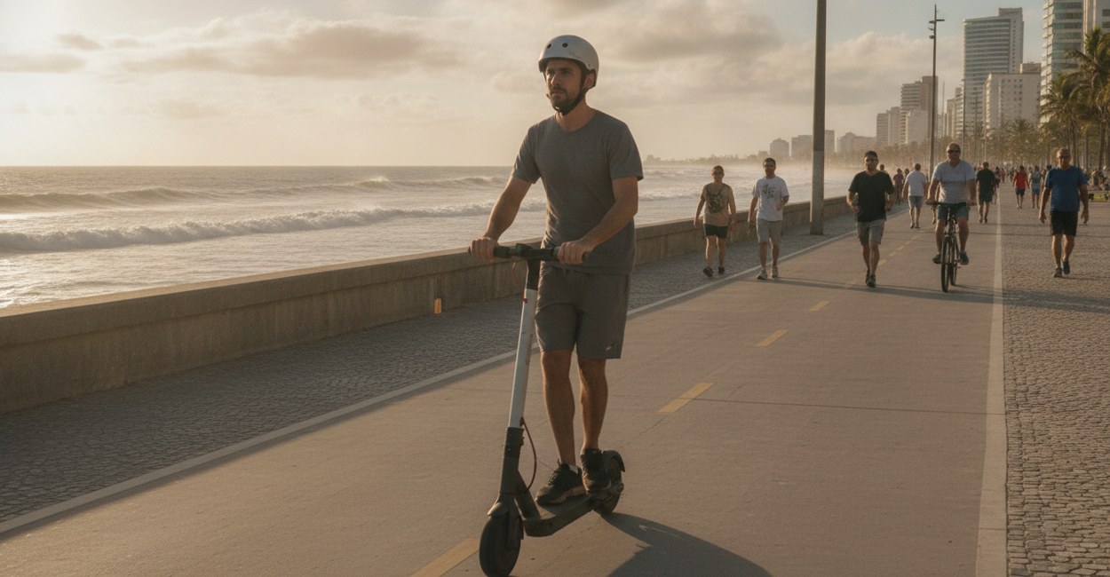 Patinete elétrico circulando pela ciclovia da orla de João Pessoa no fim da tarde