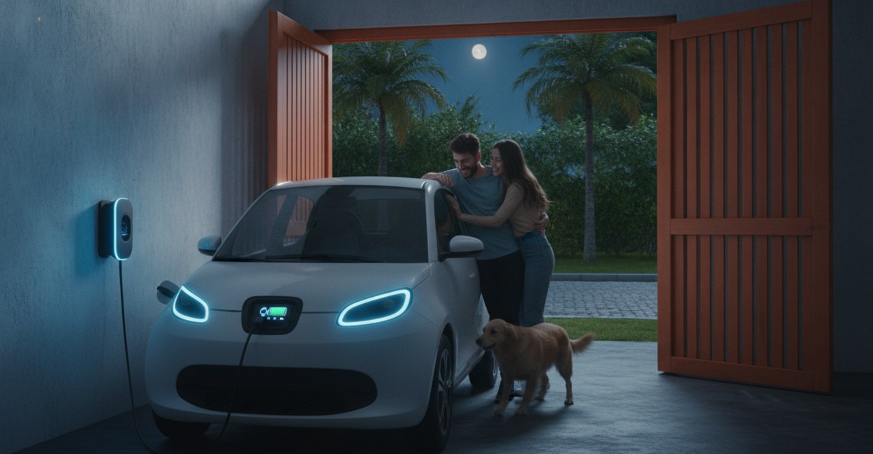 Carro elétrico compacto em recarga na garagem de uma casa à noite