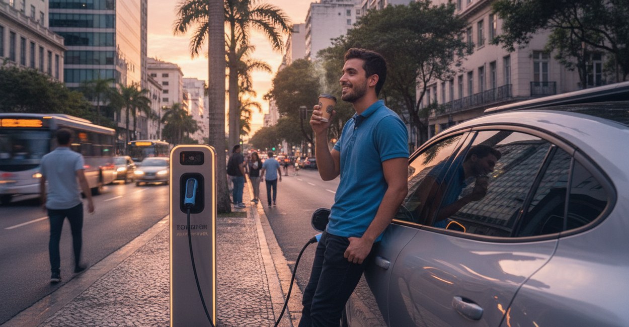 Motorista de aplicativo aguarda a recarga de um carro elétrico em eletroposto