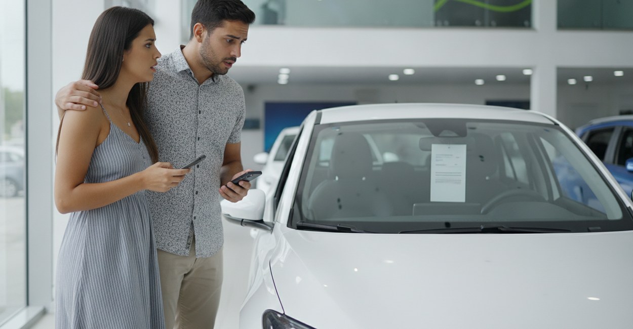 Casal confere preço e autonomia de um carro elétrico compacto em concessionária