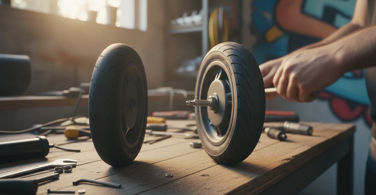 Mãos trocando o pneu de uma roda de patinete elétrico numa bancada com ferramentas