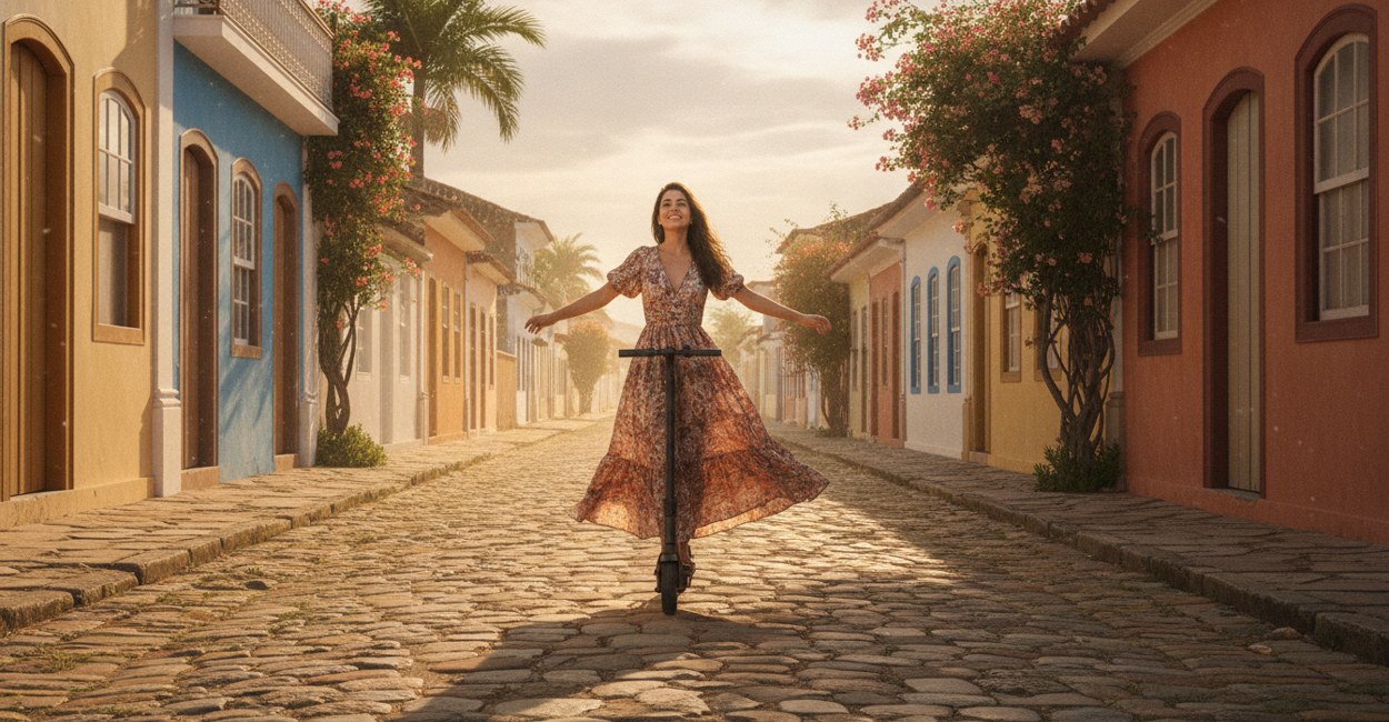 Mulher rodando de patinete elétrico numa rua de pedra em bairro histórico