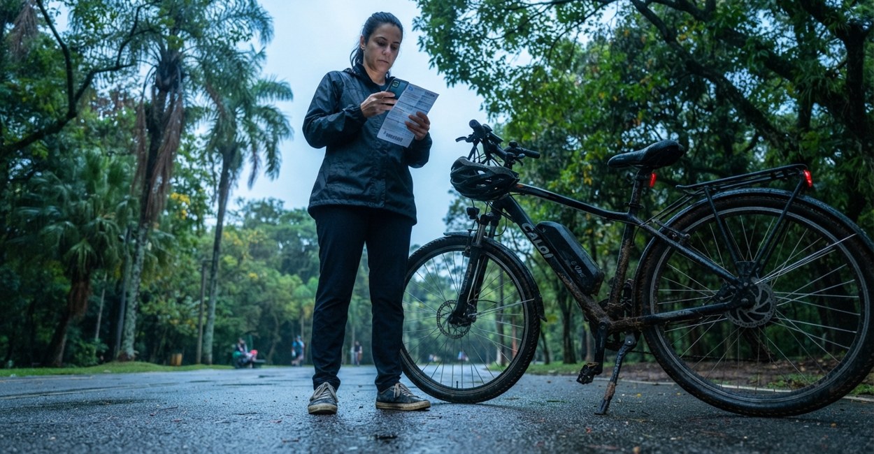 Pessoa confere a conta de luz no celular ao lado da bicicleta eletrica