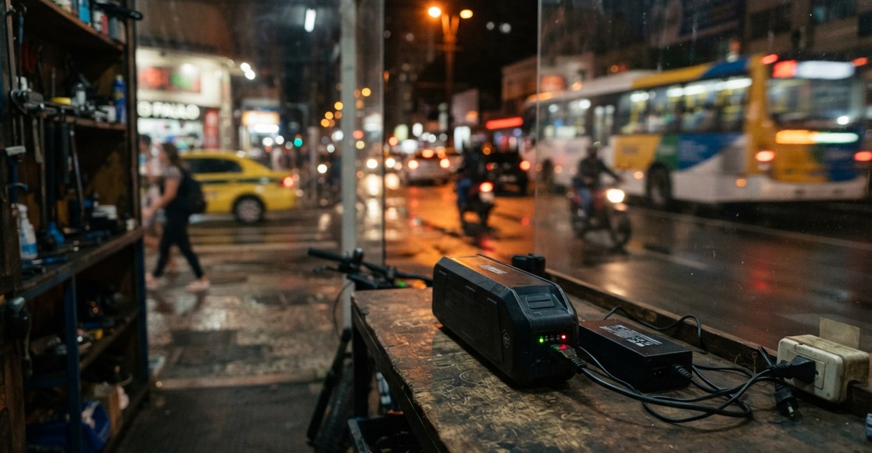 Bateria removivel de bicicleta eletrica sobre a bancada, carregador ao lado