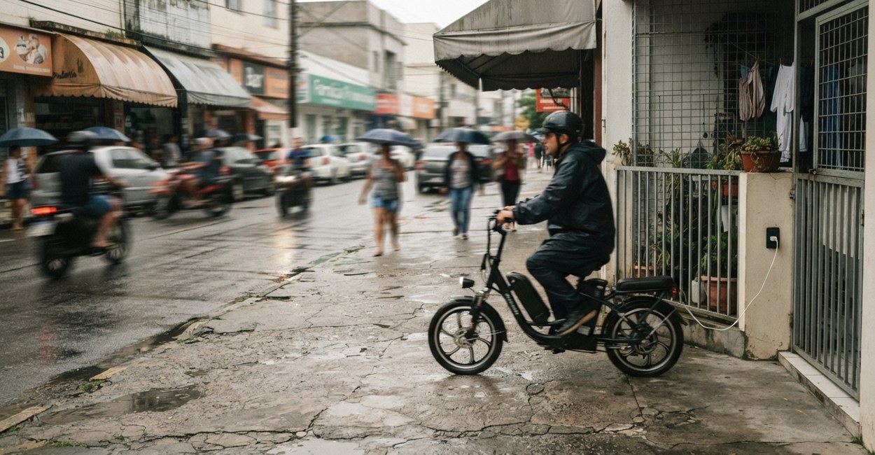Bicicleta eletrica com a bateria conectada a tomada na area de servico de um apartamento