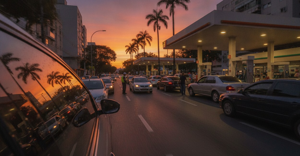 Posto de gasolina lotado visto da janela de um carro elétrico