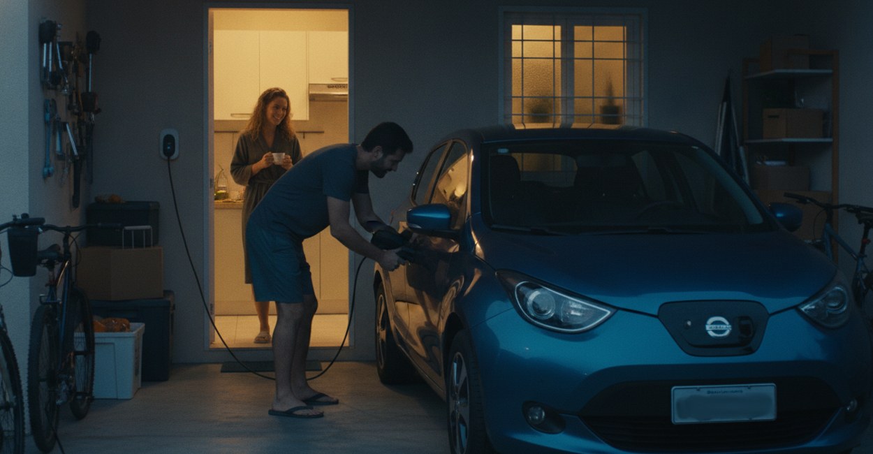 Carregar carro elétrico em casa: homem plugando o carregador na garagem à noite