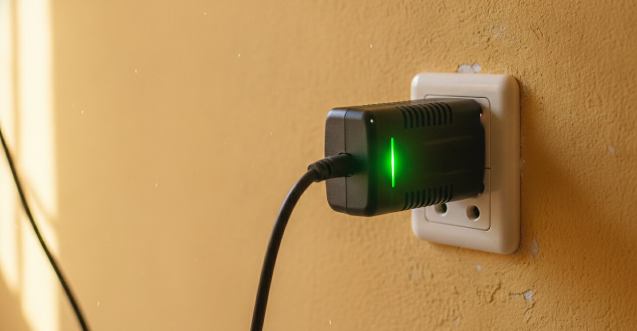 Carregador de patinete elétrico ligado na tomada de parede com a luz indicadora acesa