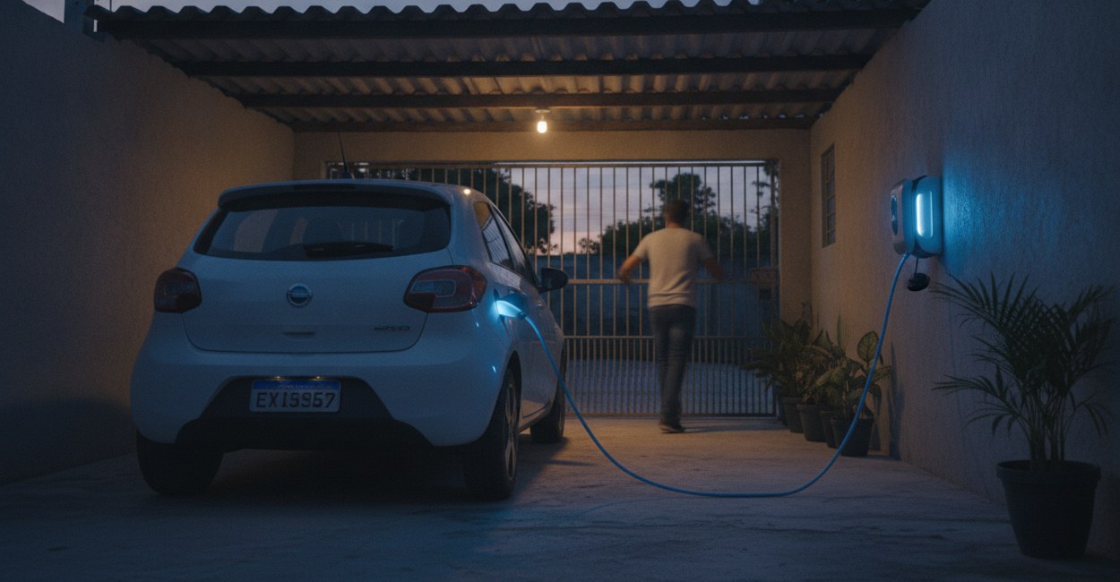 Quanto tempo demora carregar um carro elétrico: compacto plugado em wallbox na garagem de casa à noite