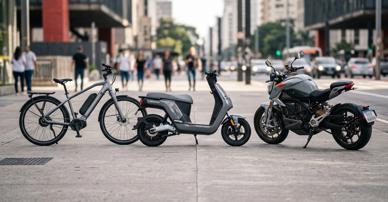 bicicleta elétrica, autopropelido e moto elétrica lado a lado
