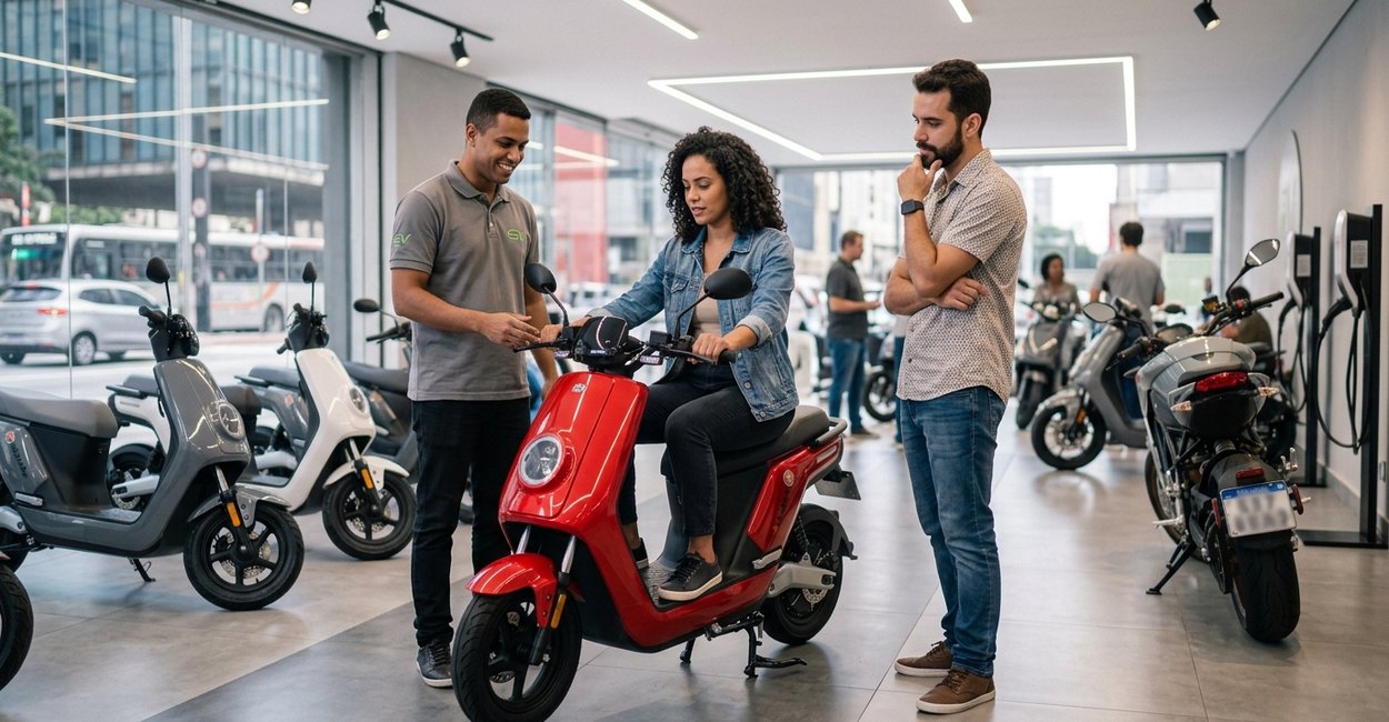 casal escolhendo moto elétrica sem CNH em loja