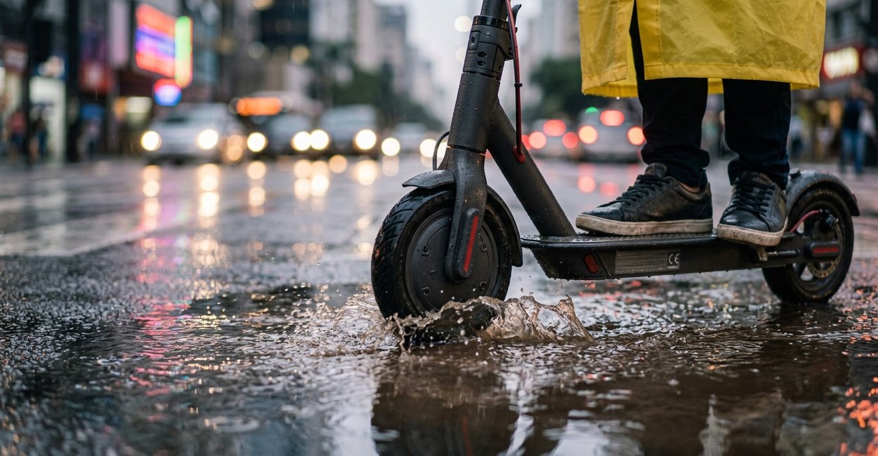 patinete elétrico na chuva: pneu e deck molhados