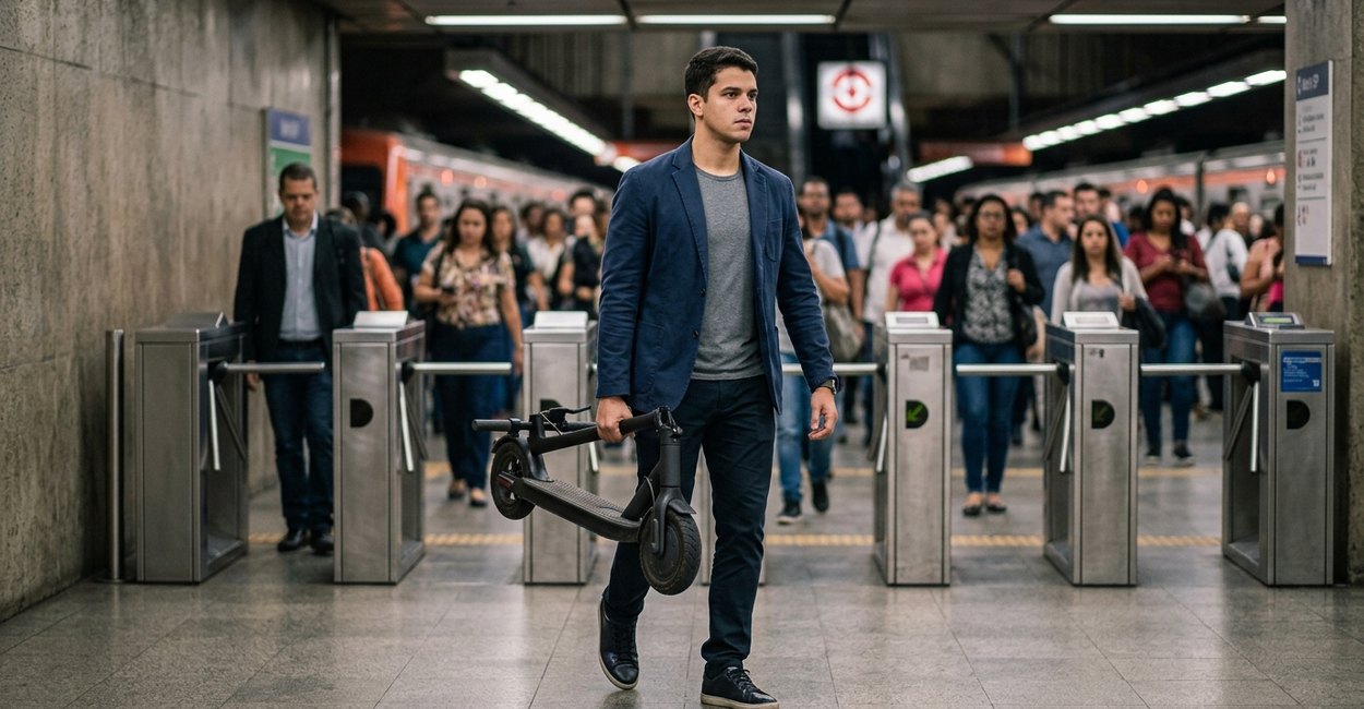 patinete elétrico dobrado entrando no metrô