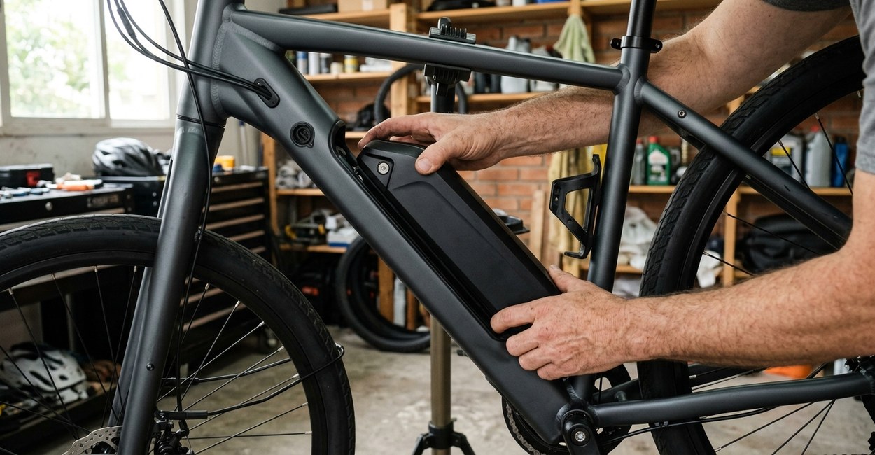 bateria de lítio removível sendo encaixada no quadro de uma bicicleta elétrica